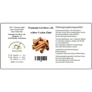 Zimt Kapseln - echter Ceylon Zimt - cinnamomum verum - 100 % vegetarisch 100 Kapseln