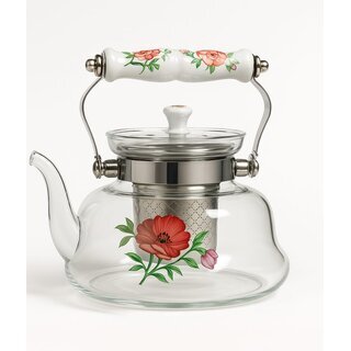 Hitzebestndiger Glas-Teekessel 1400 ml ? Mit Keramikgriff und Blumenmuster