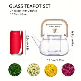 Glas Teekanne mit Bambusgriff - Klare Borosilikat Teekanne 1000 ml 1 Stck